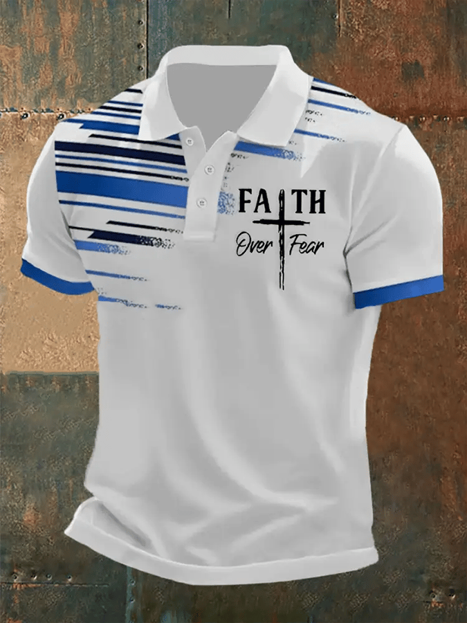Men's Retro Faith “Faith Over Fear�? Casual Printed Polo Shirt