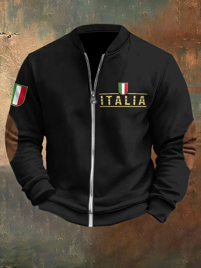 Men's Vintage Italia Print Casual Zipper Sweatshirt