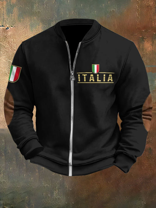 Men's Vintage Italia Print Casual Zipper Sweatshirt