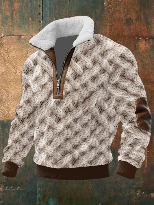Men's Retro Print Half Zip Lapel Sweatshirt