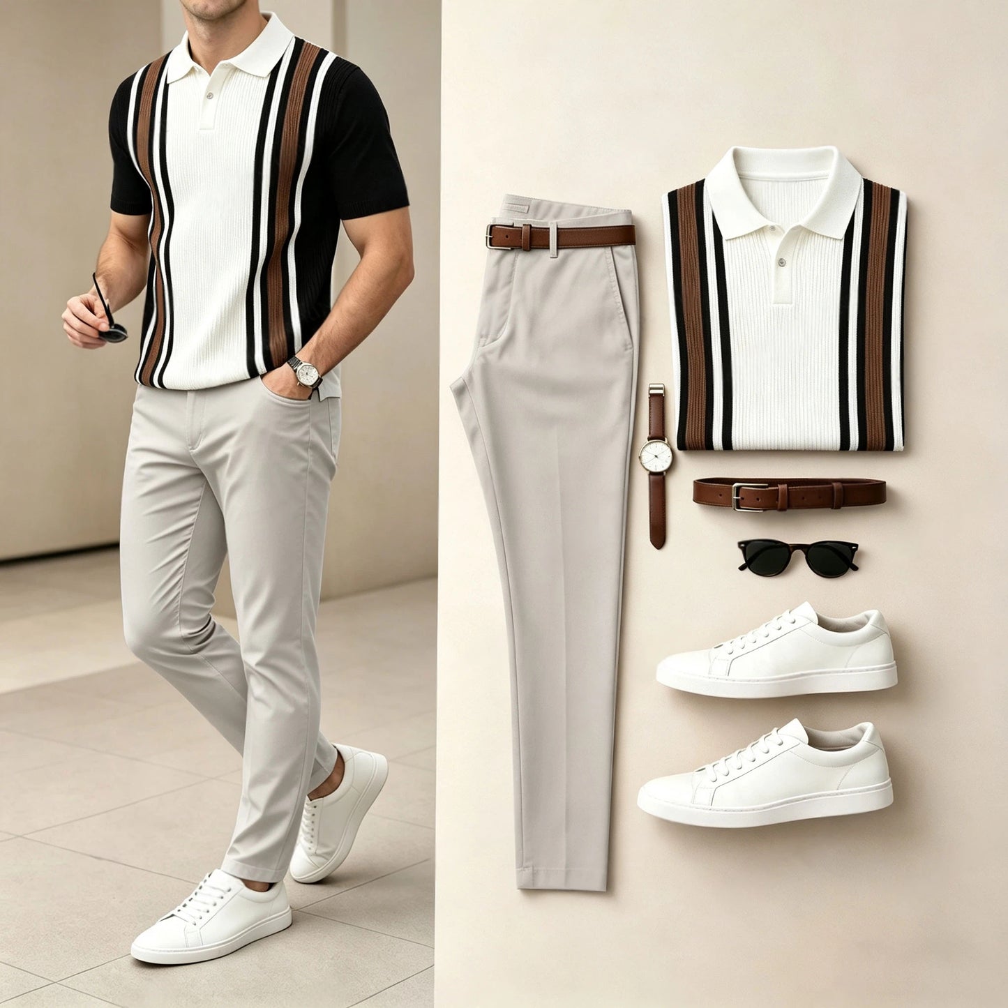 Men's Vertical-Striped Knit Short-Sleeve Polo Shirt and Pants Two-Piece Set (Accessories Not Included)