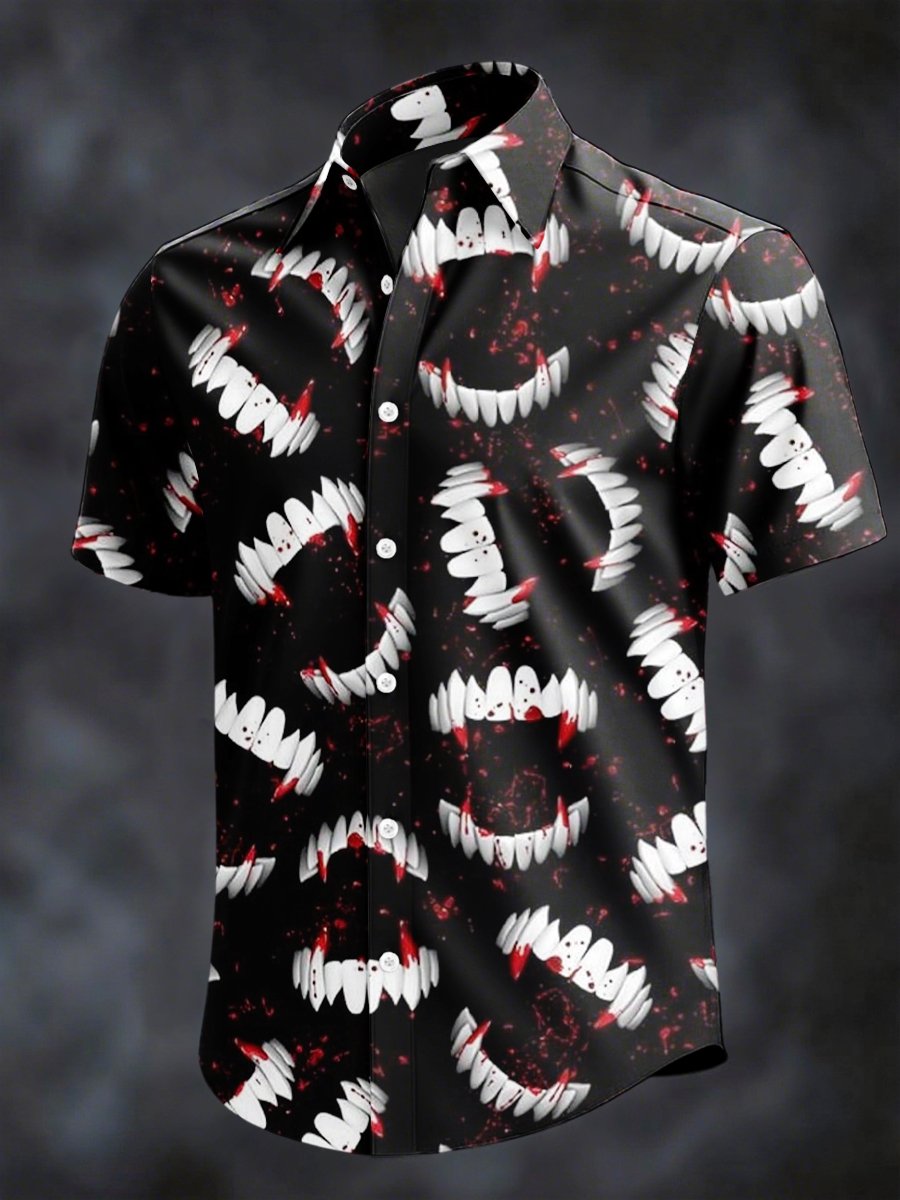 Men's Retro Horror Skull Print Lapel Short Sleeve Shirt