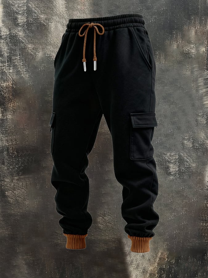 Men's Retro Stitching Contrast Color Hooded Casual Sweatshirt Suit