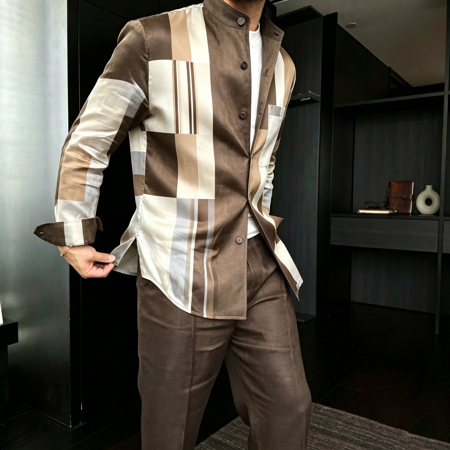 Men's Casual Multi-Color Block-Print Stand-Collar Long-Sleeve Shirt and Pants Two-Piece Set