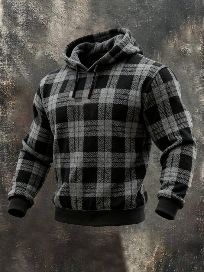 Men's Retro Plaid Hooded Casual Sweatshirt Suit