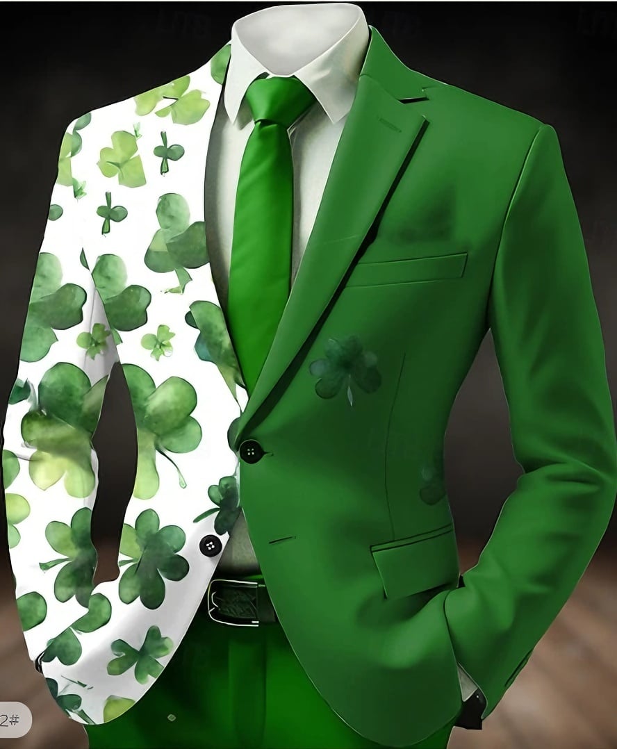 St. Patrick Men's Four Leaf Clover Blazer Jacket Coat Men's Vintage Coat Blazer with Graffiti