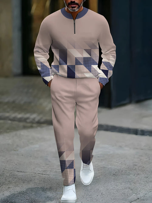 Men's Casual Pink & Purple Color Matching Gradient Checked Pattenr Round-Neck Zipper Long Sleeved Tops & Trousers Two-Piece Set