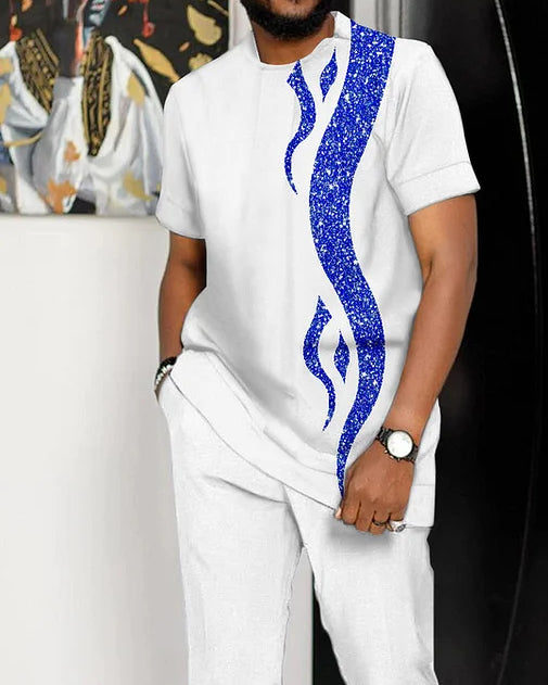 Men's White Printed Short Sleeve Suit 2 Colors 160