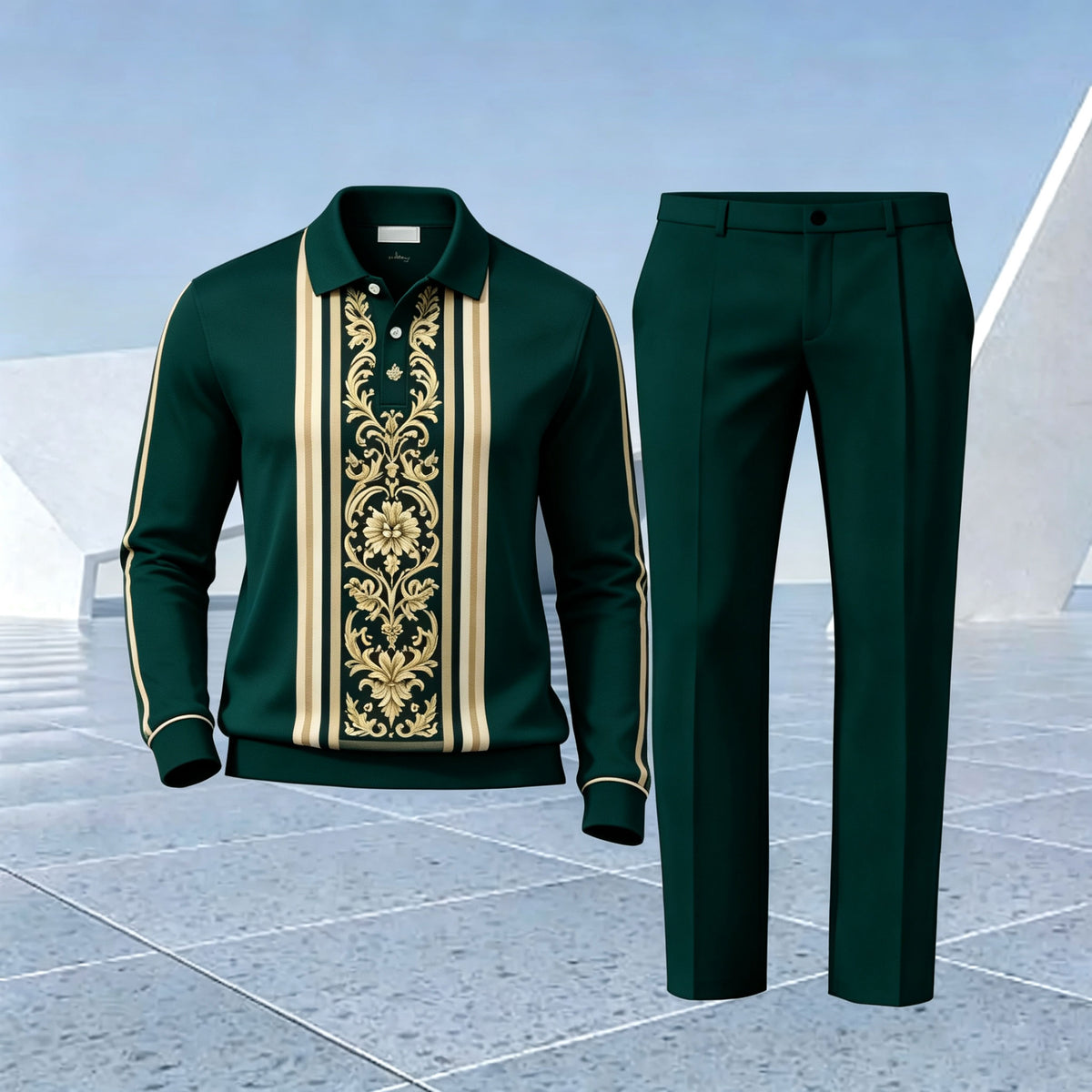 Men's Dark Green Baroque Polo Shirt and Pants Set