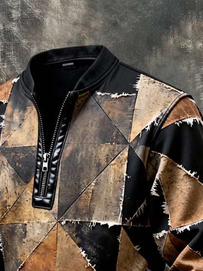 Men's Vintage Color-Block Printed Zip-Up Hoodie