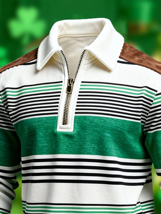 Men's St. Patrick's Day Printed Color-Block Zip-Up Hoodie