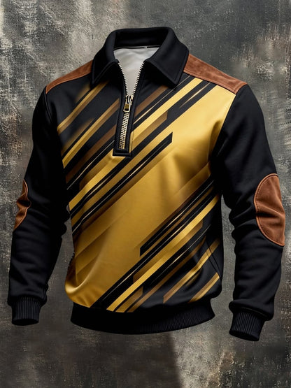 Men's Retro Color Block Print Color-Blocked Zip-Up Sweatshirt
