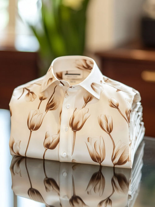 Men's Business Casual Tulip Floral Lapel Short Sleeve Shirt