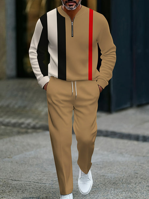 Men's Casual Color Coffee & White Matching Striped Printed Round-Neck Zipper Long Sleeved Trousers Two-Piece Set