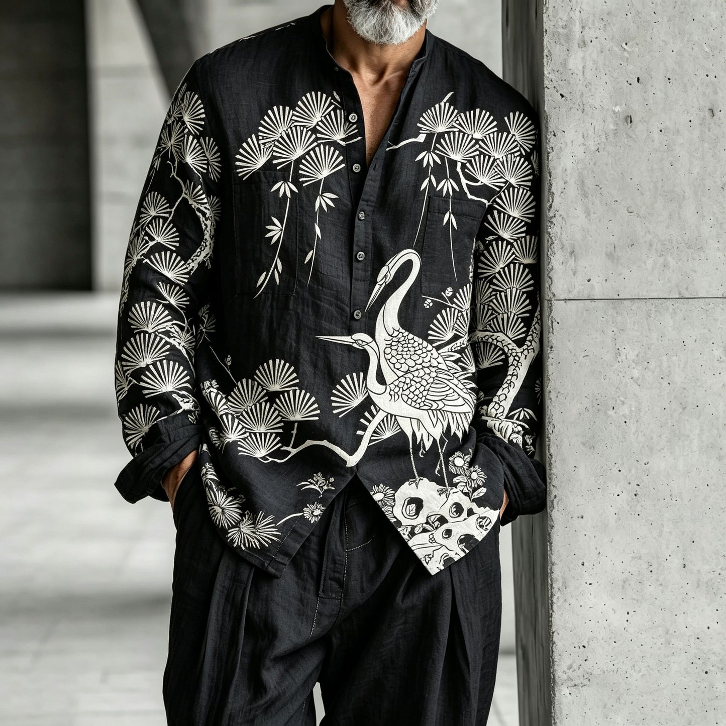 Men's White Crane Print Stand-Collar Half-Open Henley Shirt and Pants