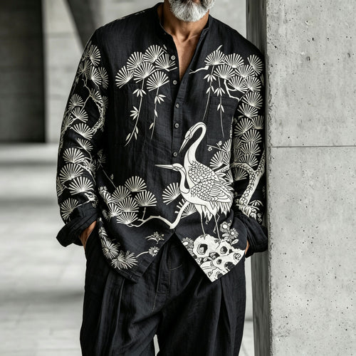Men's White Crane Print Stand-Collar Half-Open Henley Shirt and Pants