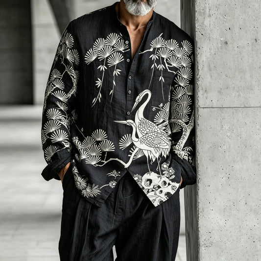 Men's White Crane Print Stand-Collar Half-Open Henley Shirt and Pants