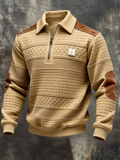 Men's Retro Jacquard Textured Patchwork Comfortable Color-Blocked Zip-Up Sweatshirt