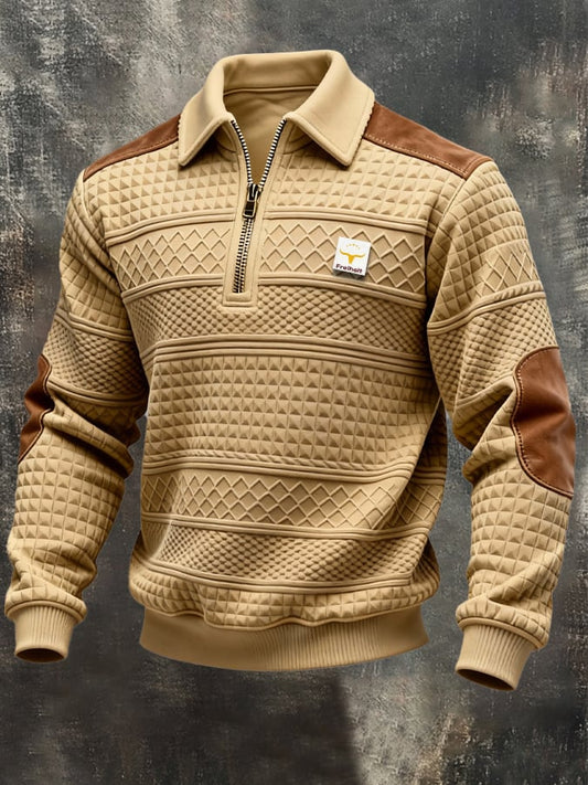 Men's Retro Jacquard Textured Patchwork Comfortable Color-Blocked Zip-Up Sweatshirt