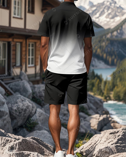 Men's Gradient Colorblock Summer Polo Short Sleeve Shorts Suit 03