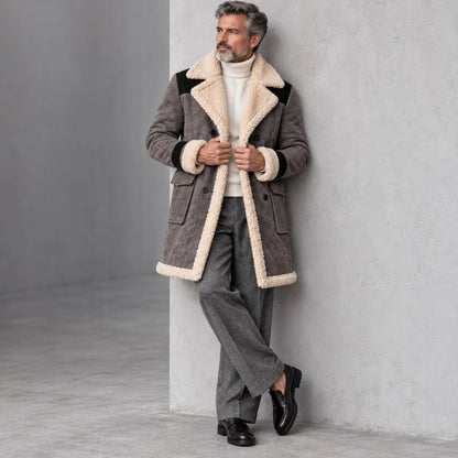 Men's Suede Contrast Color Sherpa Lined Lapel Collar Flap Pocket Double-Breasted Trench Coat