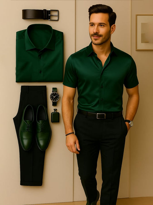 Men's Fashion Business Luxury Satin Short Sleeve Shirt