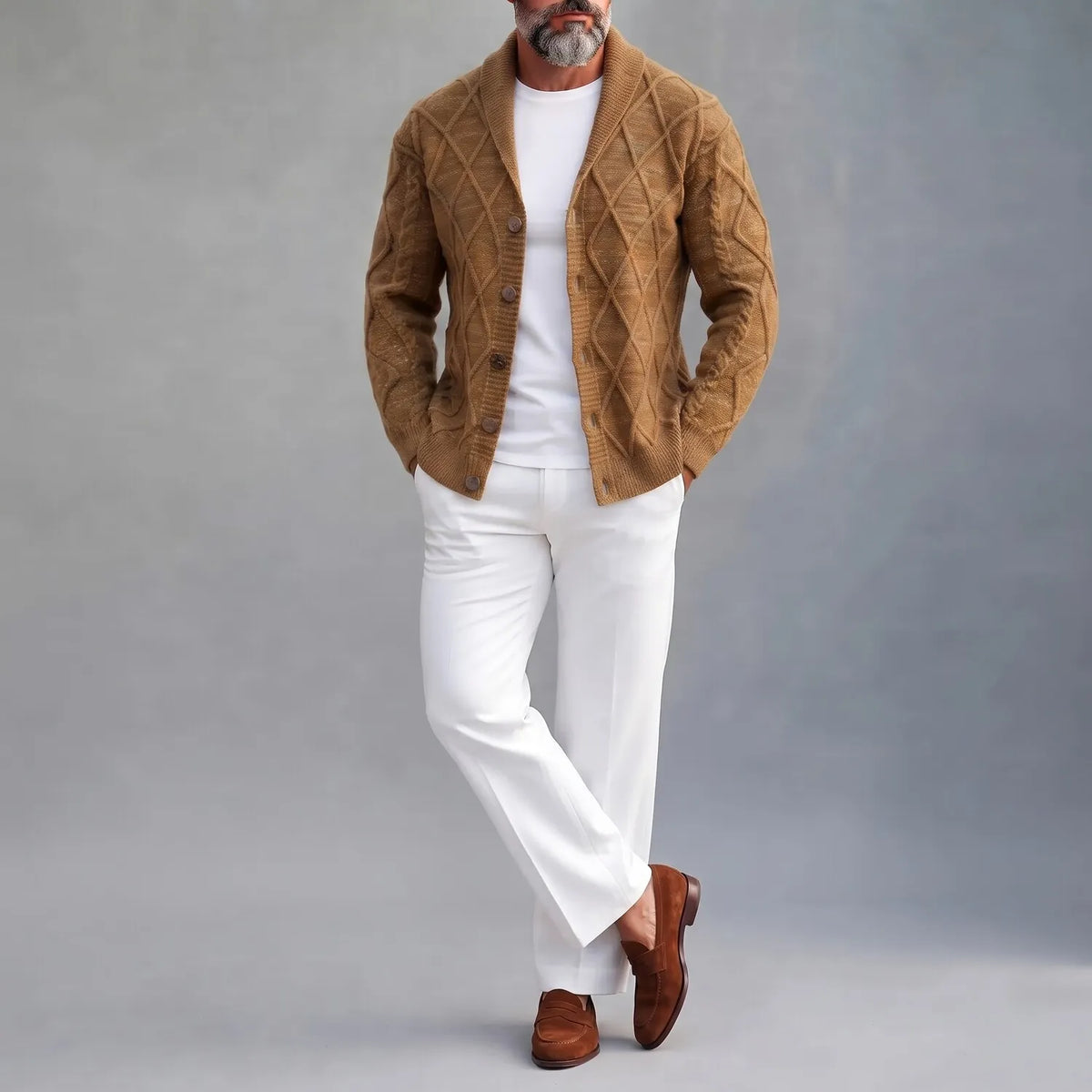 Men's Brown Diamond Pattern Shawl Lapel Single Breasted Cable Knit Sweater Cardigan