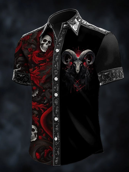 Men's Casual Dark Skull Demon Art Satin Shirt