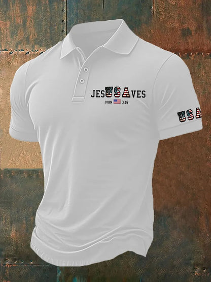 Men's Vintage USA Jesus Saves  Printed Polo Shirt