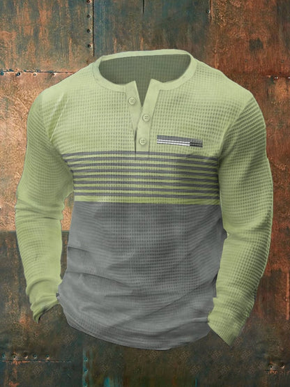 Men's Vintage Waffle Color Patch Henley Neck T-Shirt