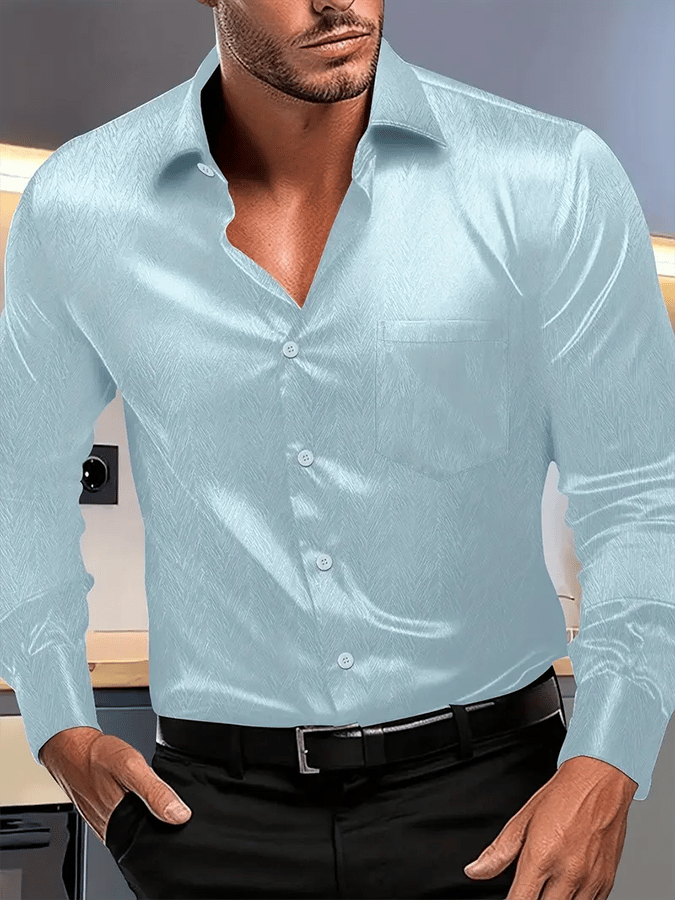 Men's Silk Business Luxury Design Printed Long Sleeve Pocket Shirt