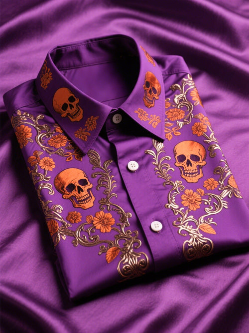 Men's Satin Luxury Business Skull Short Sleeve Button Shirt