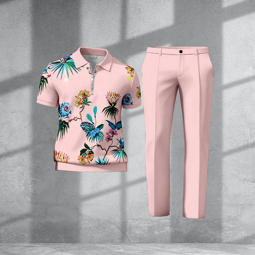 Men's Casual Pink Printed Polo Short-Sleeve T-Shirt And Pants Two-Piece Set