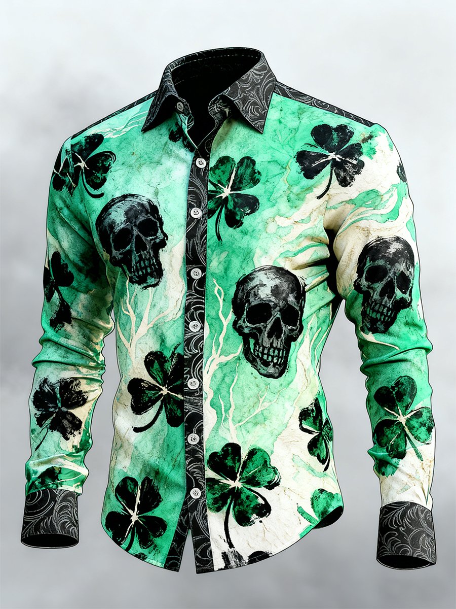 Men's Retro St. Patrick's Day Skull Long-Sleeved Shirt