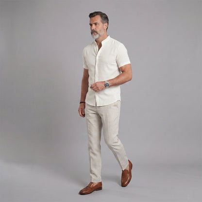 Men's Short-Sleeve Shirt with Stand-Up Collar: Lightweight, Breathable, and Textured