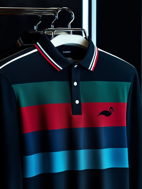 Men's Retro Business Stripe Print Long Sleeve Polo Shirt