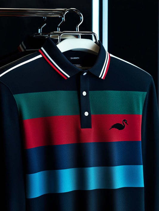 Men's Retro Business Stripe Print Long Sleeve Polo Shirt