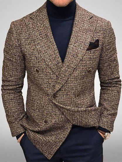Men's Vintage Double-Breasted Plaid Gentleman's Business Suit Jacket