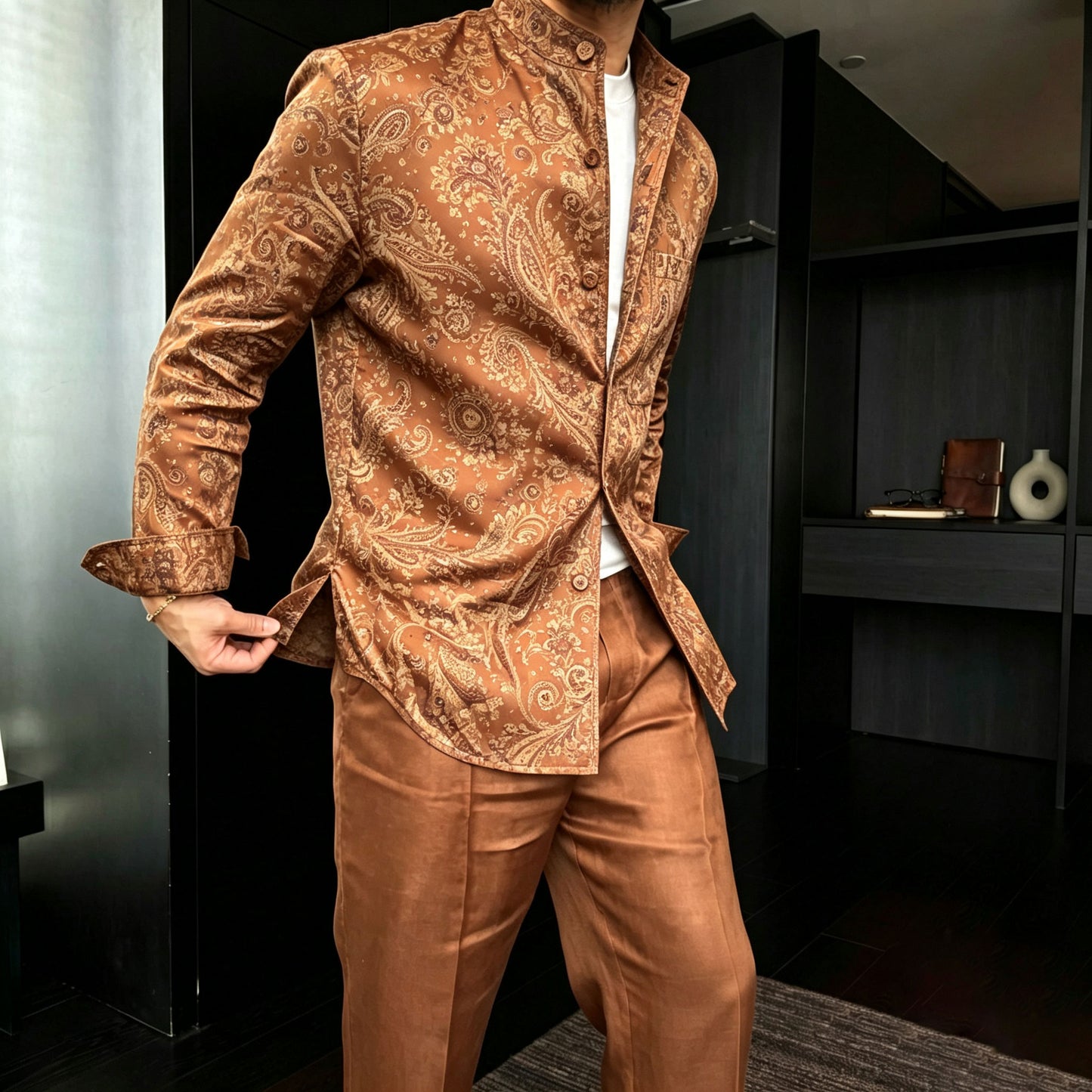 Men's Casual Paisley-Print Stand-Collar Long-Sleeve Shirt and Pants Two-Piece Set
