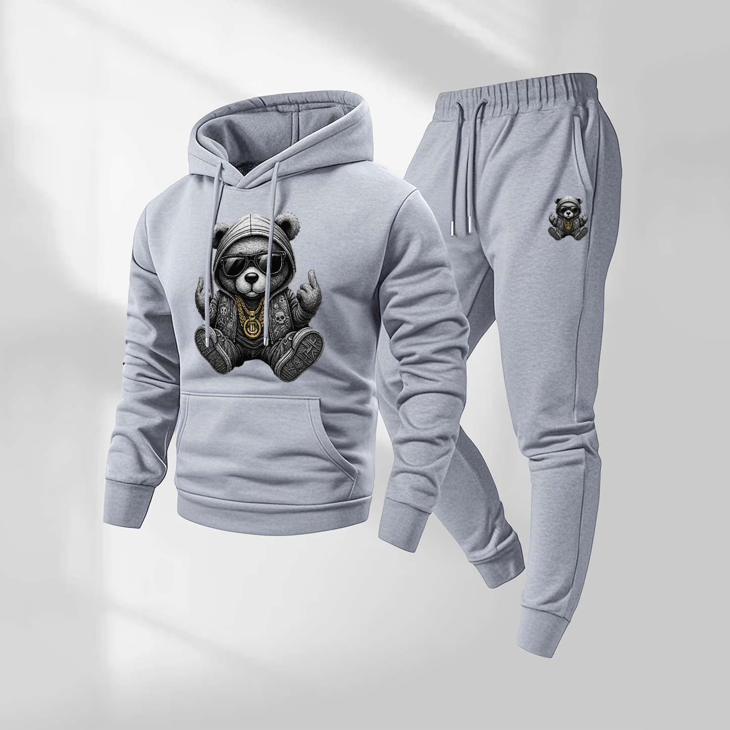 Men's Hip Hop Cartoon Bear Patterned Hoodie And Drawstring Track Pants Set, Men's Casual Athletic Long-Sleeved Hooded Jacket And Pants, Suitable For Fall And Winter, Street Style Hoodie Set, Indoor And Outdoor Sportswear,