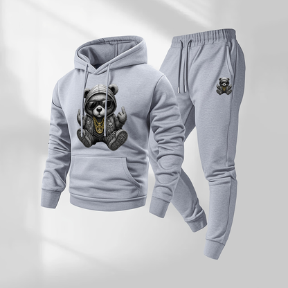 Men's Hip Hop Cartoon Bear Patterned Hoodie And Drawstring Track Pants Set, Men's Casual Athletic Long-Sleeved Hooded Jacket And Pants, Suitable For Fall And Winter, Street Style Hoodie Set, Indoor And Outdoor Sportswear,