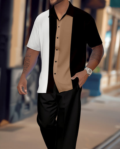 Men's Gradient Color Block Short Sleeve Shirt Walking Suit 1123