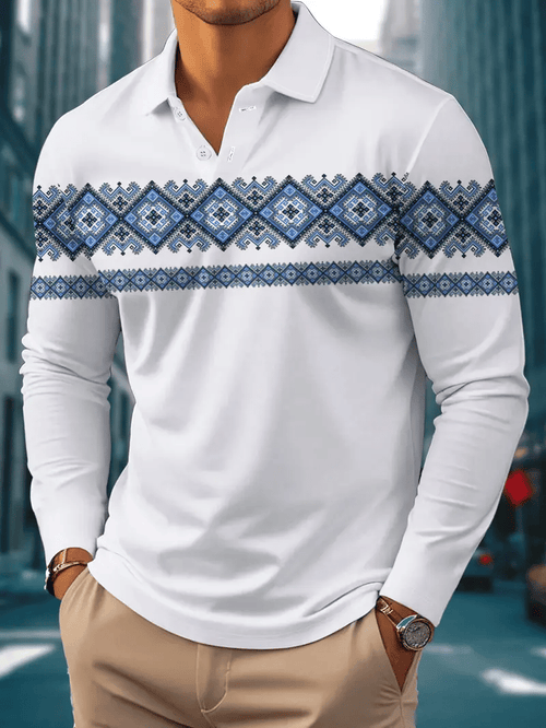 Men's Retro Business Stripe Print Long Sleeve POLO Shirt