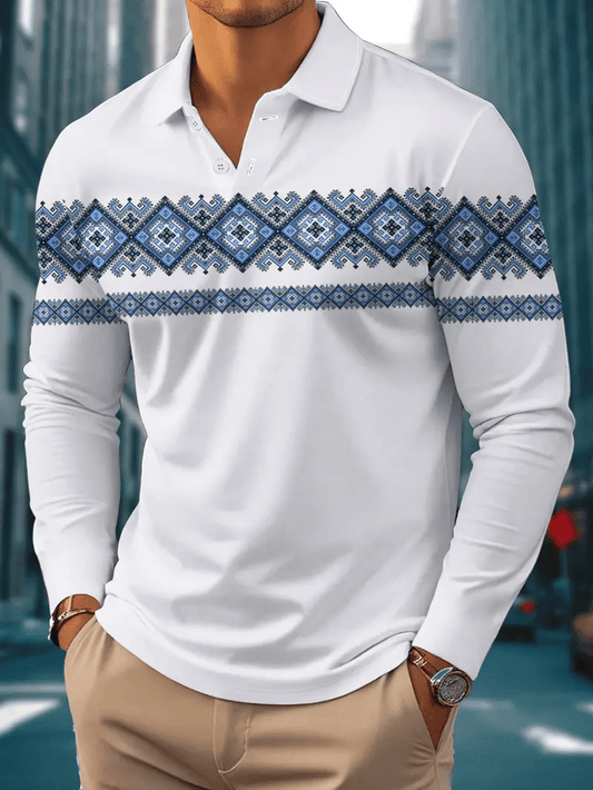 Men's Retro Business Stripe Print Long Sleeve POLO Shirt