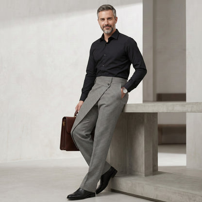 Men's Business Casual Houndstooth Pattern High Waist Asymmetrical Overlap Suit Pants