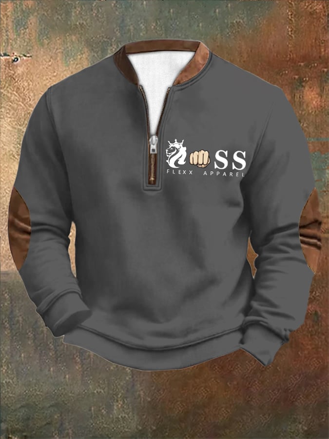 Men's Retro Letter Design Printed Zipper Collar Sweatshirt