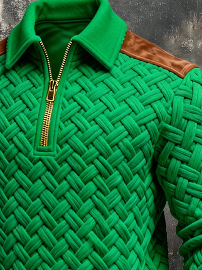 Men's Retro Jacquard Textured Patchwork Comfortable Color-Blocked Zip-Up Sweatshirt