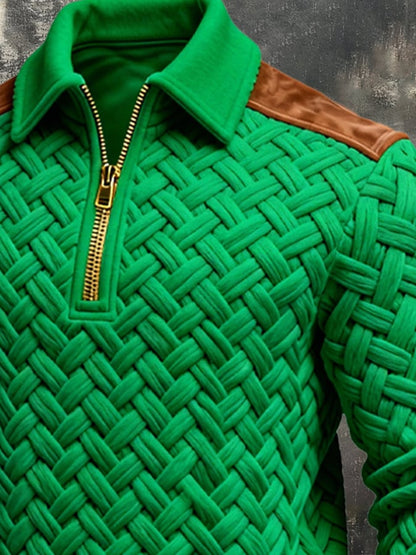 Men's Retro Jacquard Textured Patchwork Comfortable Color-Blocked Zip-Up Sweatshirt