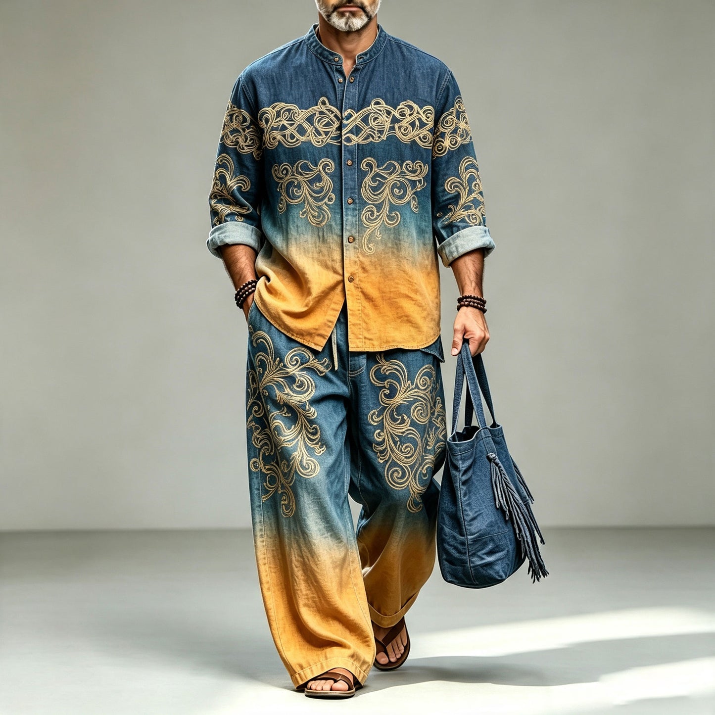 Men's Long-Sleeve Shirt with Gradient Print and Stand-Up Collar and Pants Set