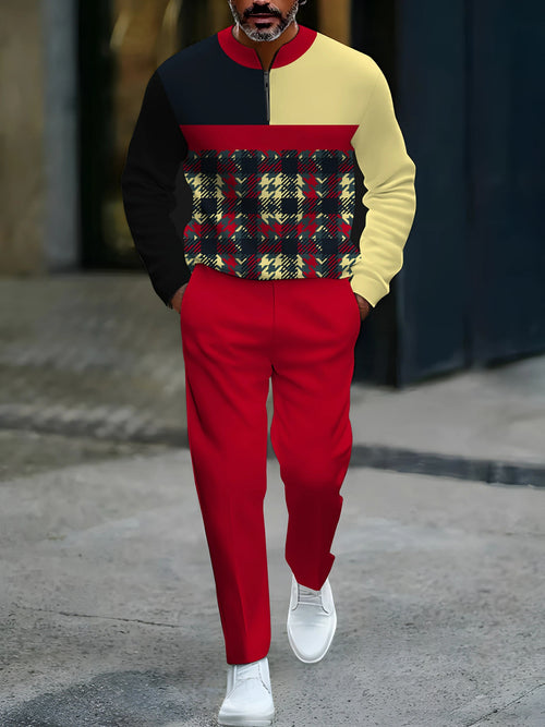 Men's Casual Red Yellow Navy Color Matching Geometric Printed Round-Neck Zipper Long Sleeved Tops & Trousers Two-Piece Set